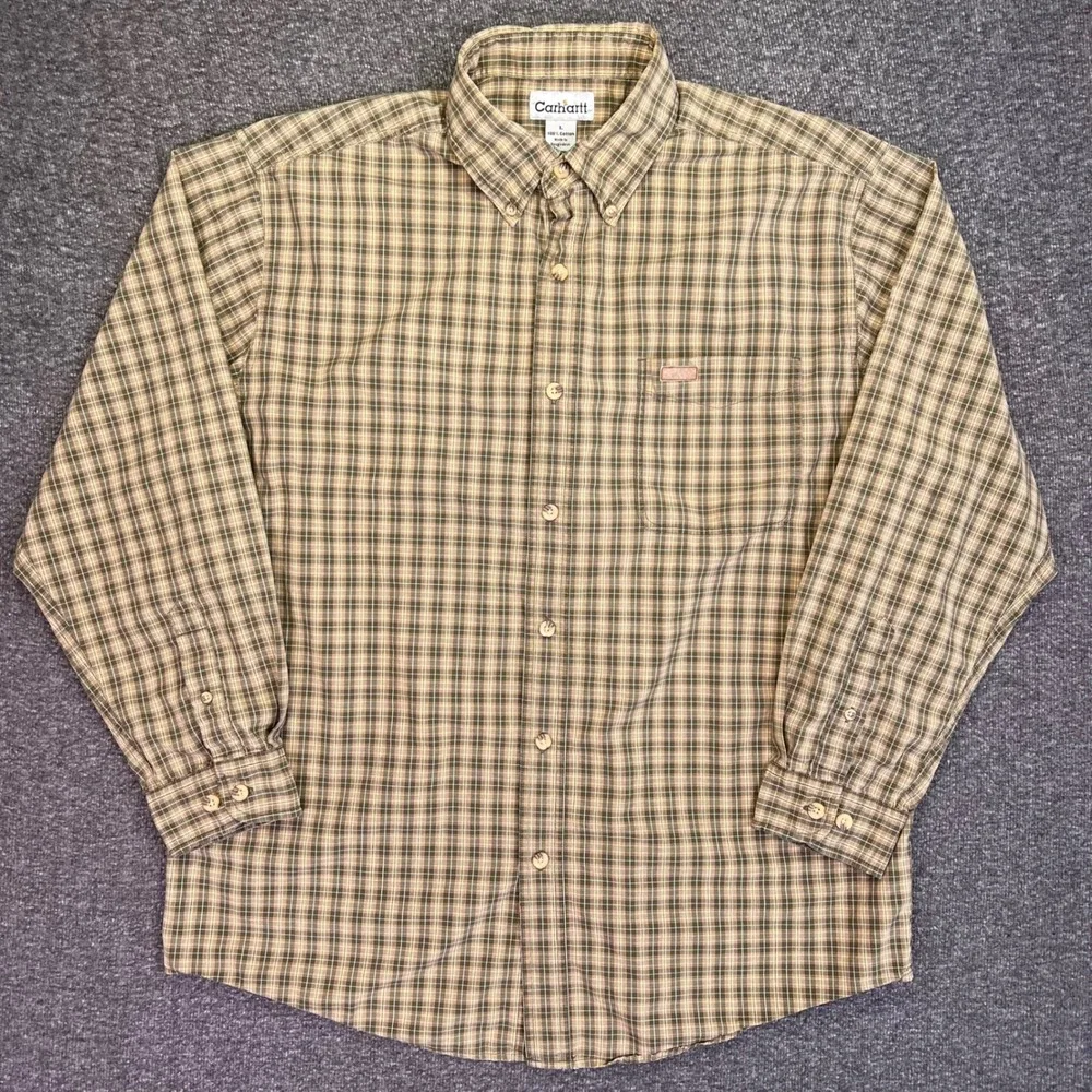 Carhartt Plaid Button Down Shirt Mens Large Olive Green Workwear Casual S147OLV